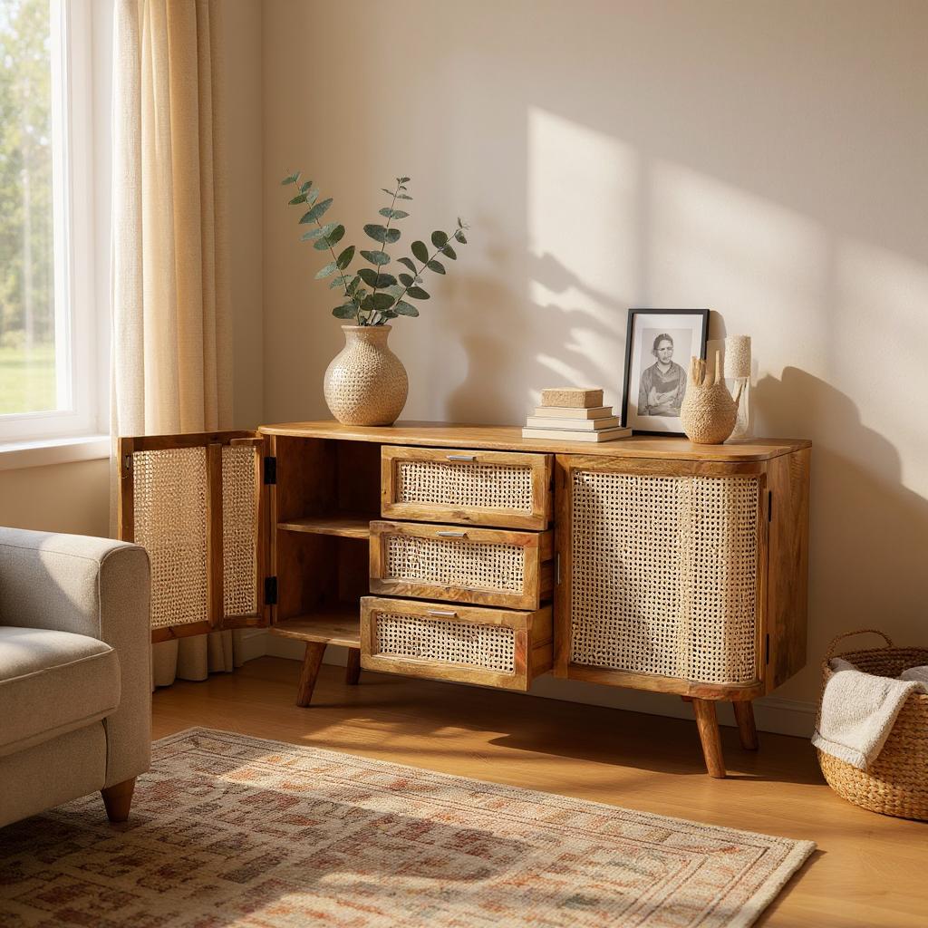 Artisan Crafted Rattan & Wood Sideboard with Drawers | Natural Finish Buffet Cabinet | Mid-Century Modern Console | Living Furn India