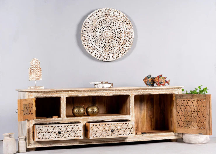 hand carved tv unit, solid mango wood tv stand, distressed white tv unit, carved media console, lattice carved tv stand, 5 drawer tv unit, 2 door media console, living room tv stand, entertainment center, tv cabinet, carved wood furniture, coastal tv unit, shabby chic tv stand, farmhouse media console, statement tv unit, large tv stand, storage tv unit, handmade tv console, indian carved furniture, artisan made tv unit, premium wood furniture, quality wood tv stand, durable tv unit, sturdy media console, ti