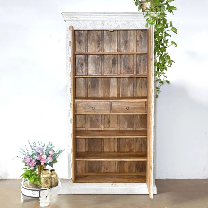 hand carved cabinet, solid wood cabinet, all white cabinet, tall cabinet, white cabinet, floral carved cabinet, bookshelf cabinet, open shelving cabinet, 2 drawer cabinet, 1 door cabinet, indian furniture, storage cabinet, dining room cabinet, kitchen cabinet, living room cabinet, bedroom cabinet, display cabinet, handmade cabinet, artisan made cabinet, premium wood cabinet, quality wood furniture, durable cabinet, sturdy cabinet, timeless cabinet, elegant cabinet, statement cabinet, grand cabinet, heirloom