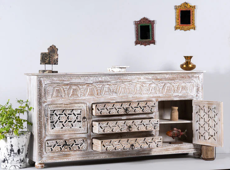 hand carved sideboard, solid mango wood sideboard, white distressed sideboard, jharokha sideboard, carved wood buffet, 6 drawer sideboard, 2 door sideboard,
