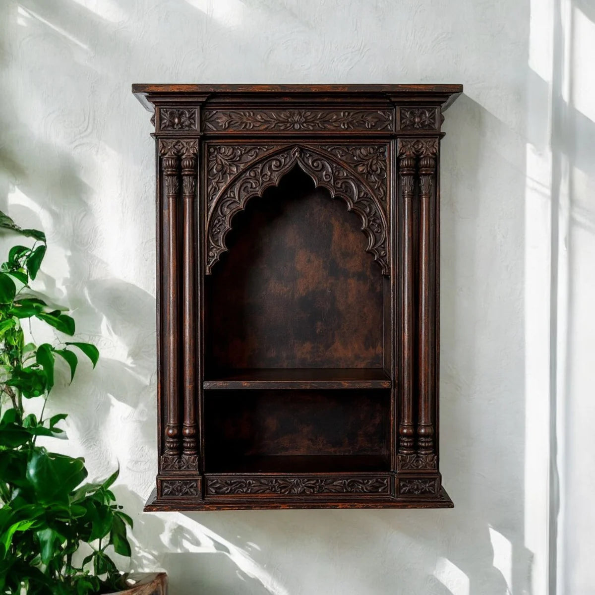 Hand-Carved Archway Display Shelf - Antique Dark Wood, Double Tier Wall Mount, Indian Design