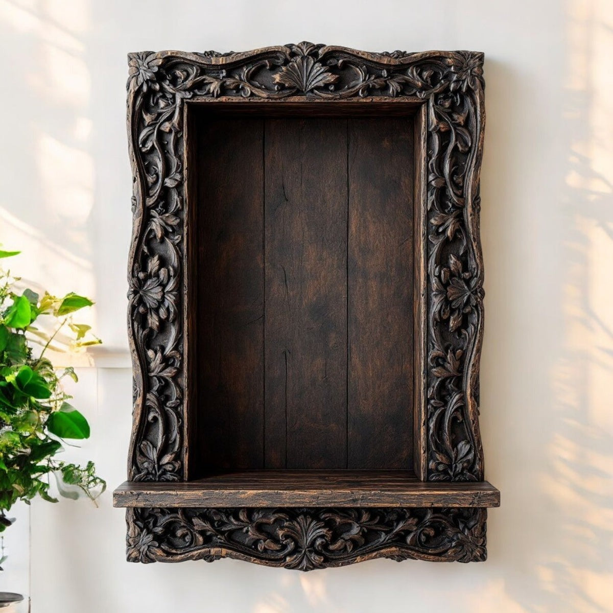Jodhpur Ornate Carved Wood Wall Niche Shelf - Dark Antique Finish, Rajasthani Art Decor