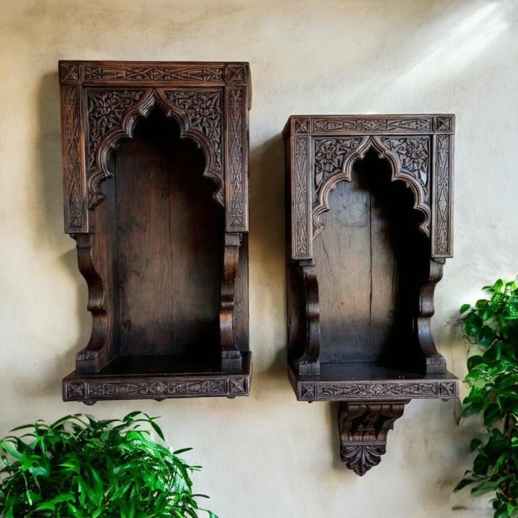 Hand-Carved Jharokha Wall Niches - Dark Wood Finish Antique Style Set of 2