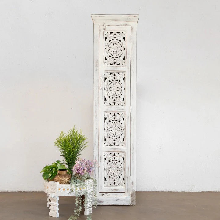 reclaimed door cabinet, old door cabinet, jali work cabinet, tall cabinet, narrow cabinet, whitewashed cabinet, sunburst carved cabinet, openwork cabinet, indian furniture, storage cabinet, bathroom cabinet, bedroom cabinet, entryway cabinet, hallway cabinet, linen cabinet, vintage cabinet, 1 door cabinet, slender cabinet, space saving cabinet, handmade cabinet, artisan made cabinet, reclaimed wood furniture, architectural salvage, premium wood cabinet, quality wood furniture, durable cabinet, sturdy cabine