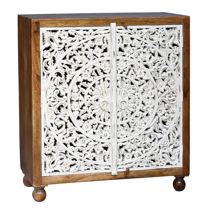hand carved cabinet, mango wood cabinet, 2 door cabinet, two tone cabinet, white and natural cabinet, floral carved cabinet, openwork cabinet, indian carved furniture, storage cabinet, dining room cabinet, living room cabinet, bedroom cabinet, entryway cabinet, accent cabinet, statement cabinet, compact cabinet, handmade cabinet, artisan made cabinet, premium wood cabinet, quality wood furniture, durable cabinet, sturdy cabinet, timeless cabinet, elegant cabinet, heirloom cabinet, coastal cabinet, eclectic