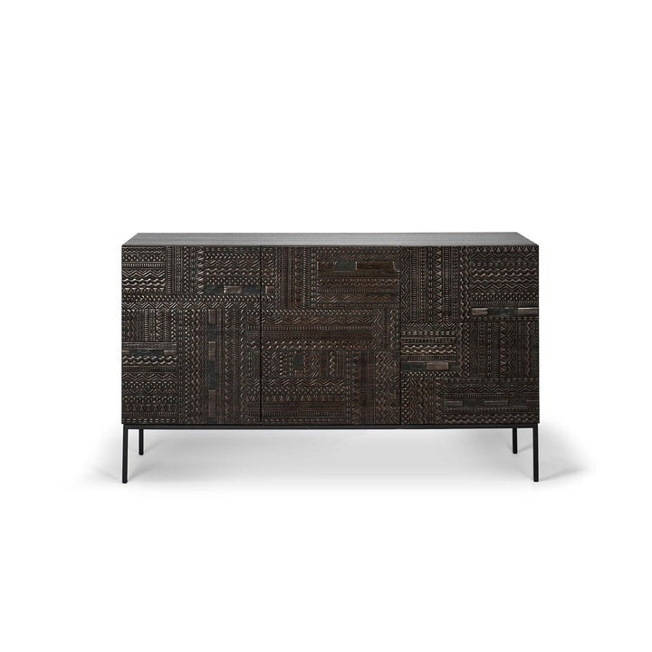 Full front view of Tabwa 3-door sideboard with intricate hand-carved geometric patterns - Living Furn India premium wooden cabinet