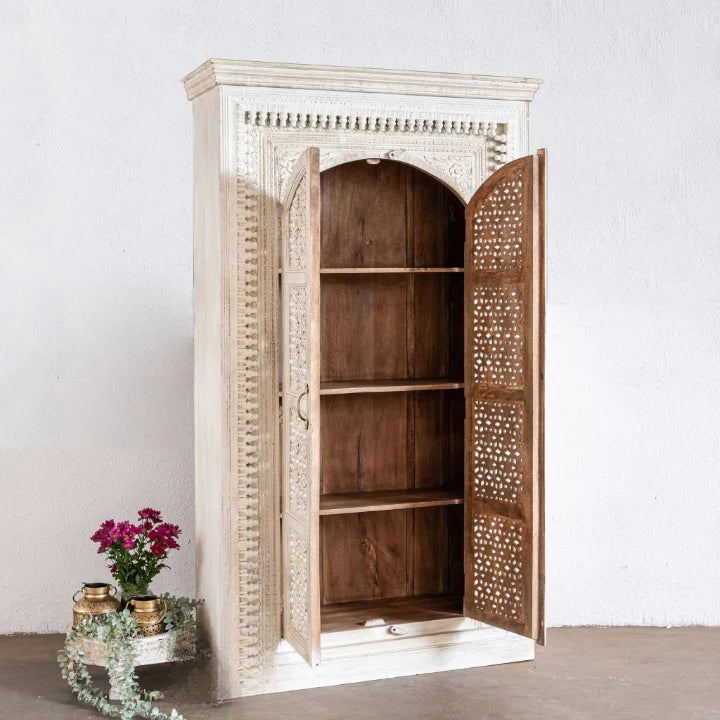 hand carved cabinet, mango wood cabinet, jali work cabinet, arched door cabinet, tall cabinet, whitewashed cabinet, openwork cabinet, lattice carved cabinet, 2 door cabinet, mehrab cabinet, indian furniture, storage cabinet, dining room cabinet, living room cabinet, bedroom cabinet, hallway cabinet, linen cabinet, handmade cabinet, artisan made cabinet, premium wood cabinet, quality wood furniture, durable cabinet, sturdy cabinet, timeless cabinet, elegant cabinet, statement cabinet, grand cabinet, heirloom