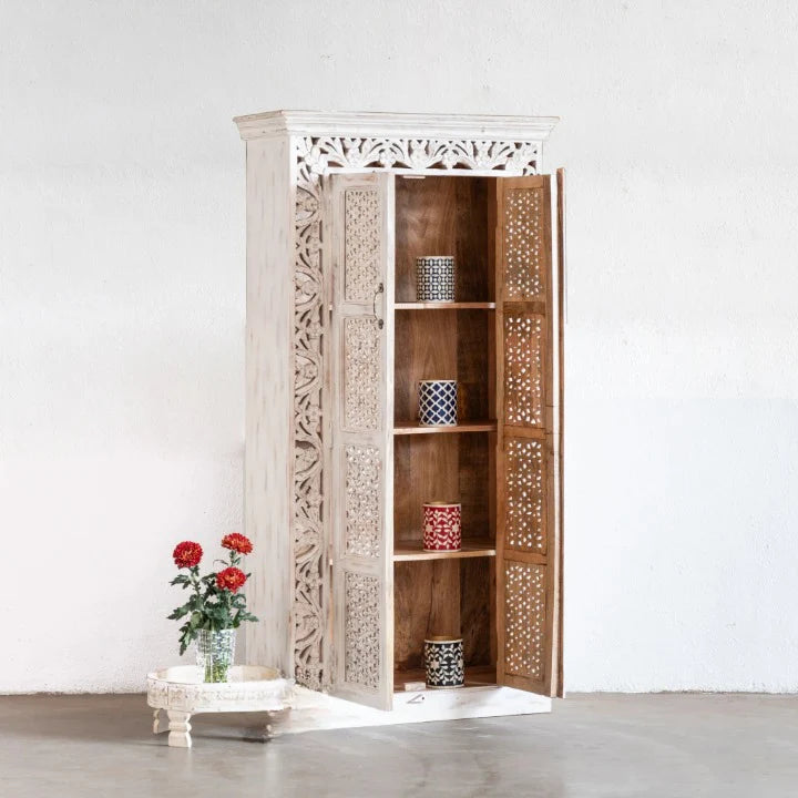 hand carved cabinet, mango wood cabinet, jali work cabinet, tall cabinet, whitewashed cabinet, openwork cabinet, lattice carved cabinet, 2 door cabinet, indian furniture, storage cabinet, dining room cabinet, living room cabinet, bedroom cabinet, hallway cabinet, linen cabinet, handmade cabinet, artisan made cabinet, premium wood cabinet, quality wood furniture, durable cabinet, sturdy cabinet, timeless cabinet, elegant cabinet, statement cabinet, grand cabinet, heirloom cabinet, coastal cabinet, shabby chi