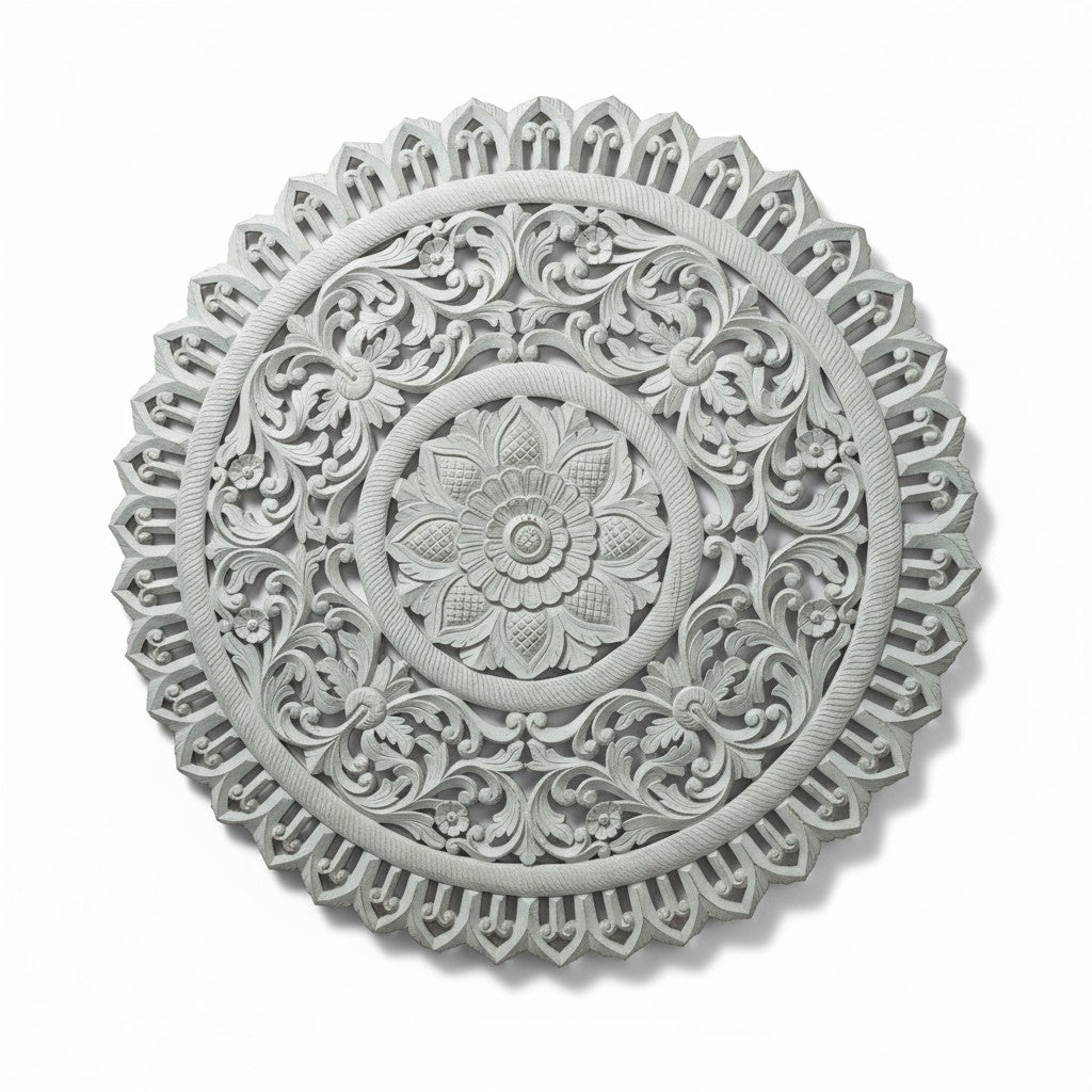 Large Hand‑Carved Round Wall Panel — Blue Mango Wood Mandala Medallion, 150 cm Diameter × 4 cm