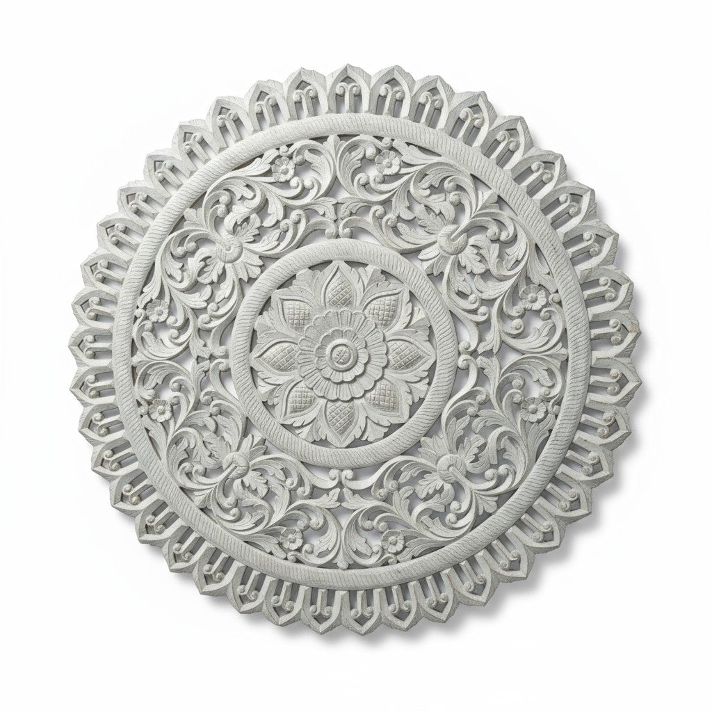 Large Hand‑Carved Round Wall Panel — Blue Mango Wood Mandala Medallion, 150 cm Diameter × 4 cm