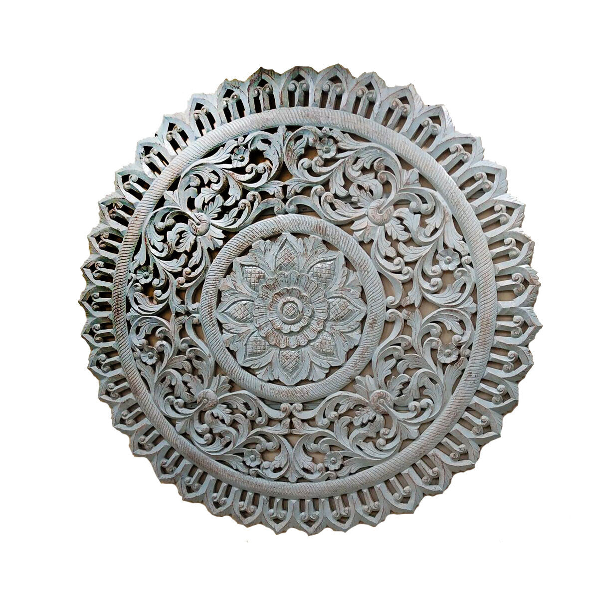 Large Hand‑Carved Round Wall Panel — Blue Mango Wood Mandala Medallion, 150 cm Diameter × 4 cm