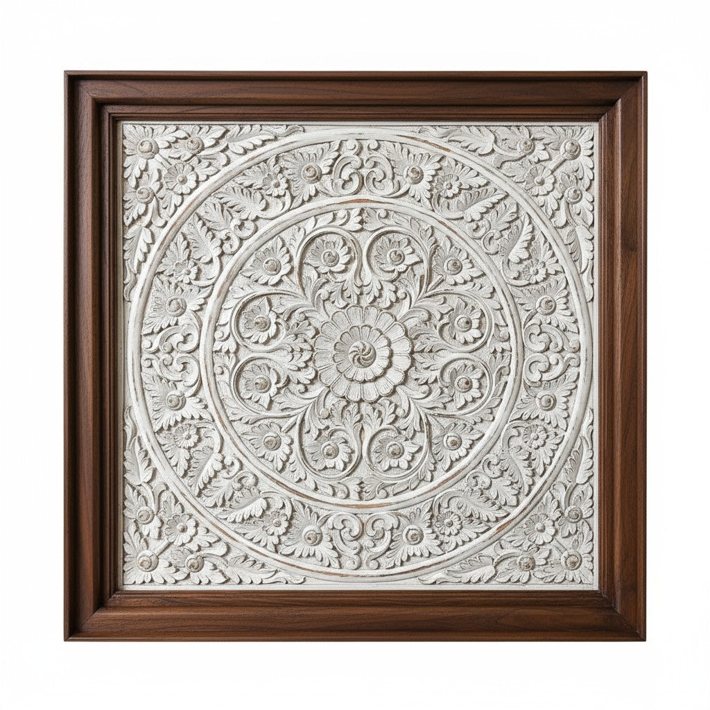 Decorative wall art with intricate patterns in a wooden frame on a white background