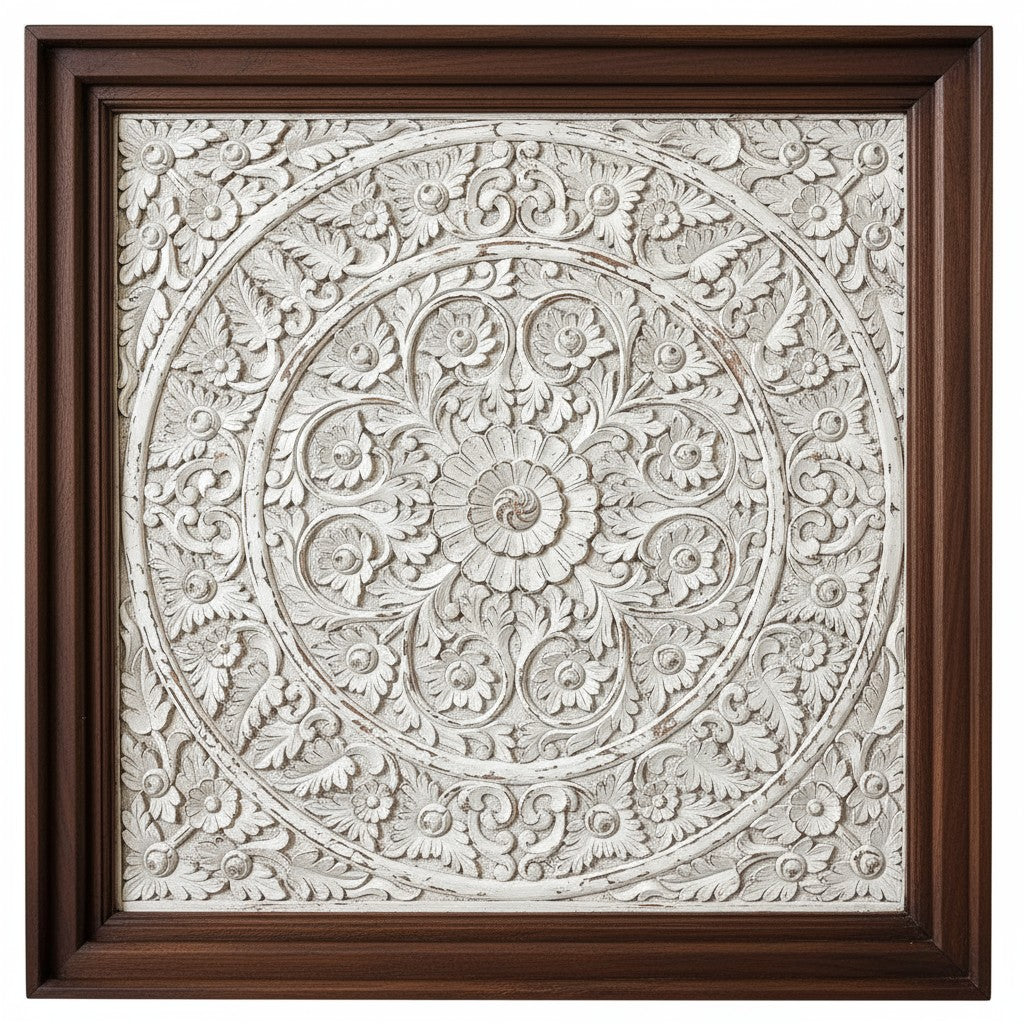 Decorative wall art with intricate floral patterns in a wooden frame
