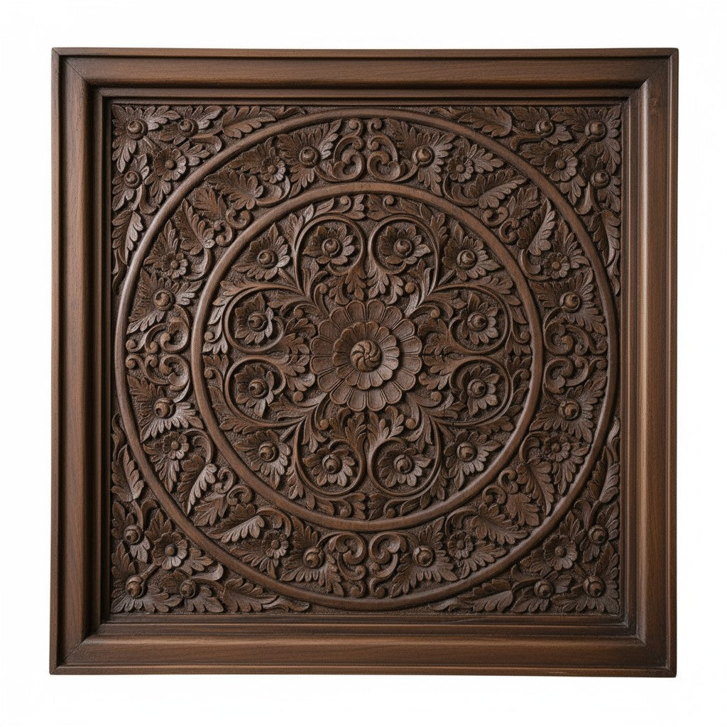 Decorative wooden panel with intricate carvings on a white background
