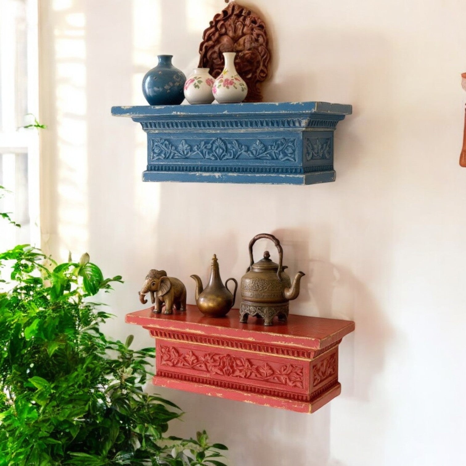 Vintage Carved Wood Wall Display Ledges - Distressed Red & Blue, 35x11x15 cm