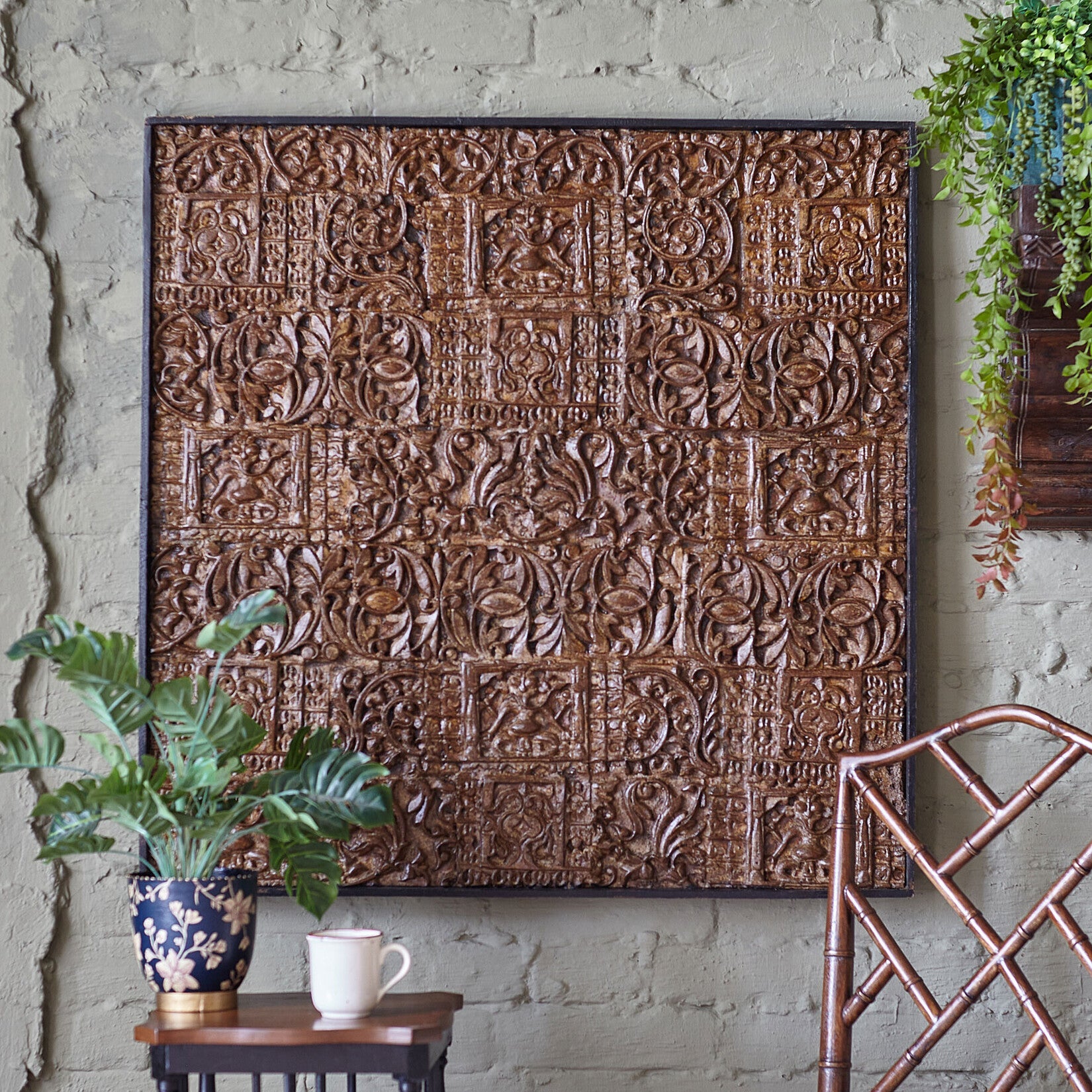 Handmade Wooden Carved Panel – Antique Wall Decor for Living Room (90x90cm) |Living Furn India
