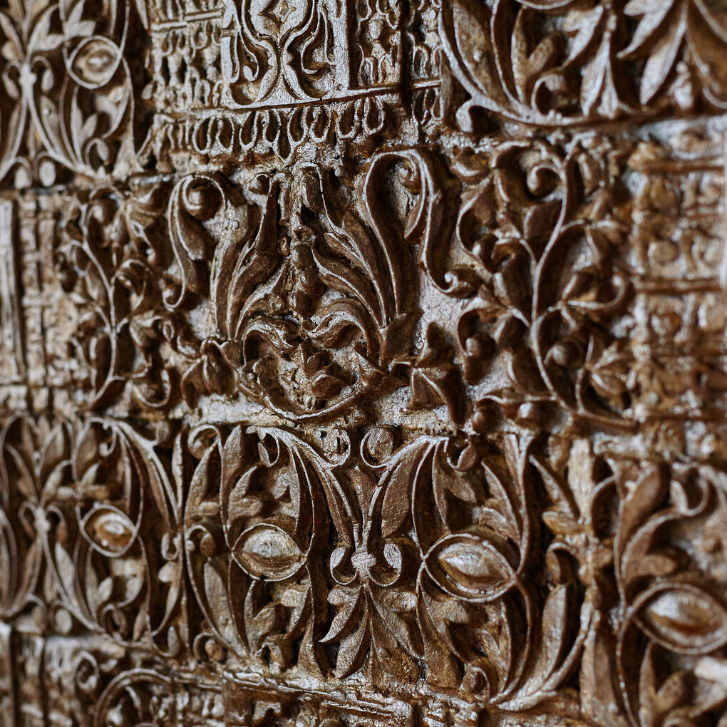 Handmade Wooden Carved Panel – Antique Wall Decor for Living Room (90x90cm) |Living Furn India