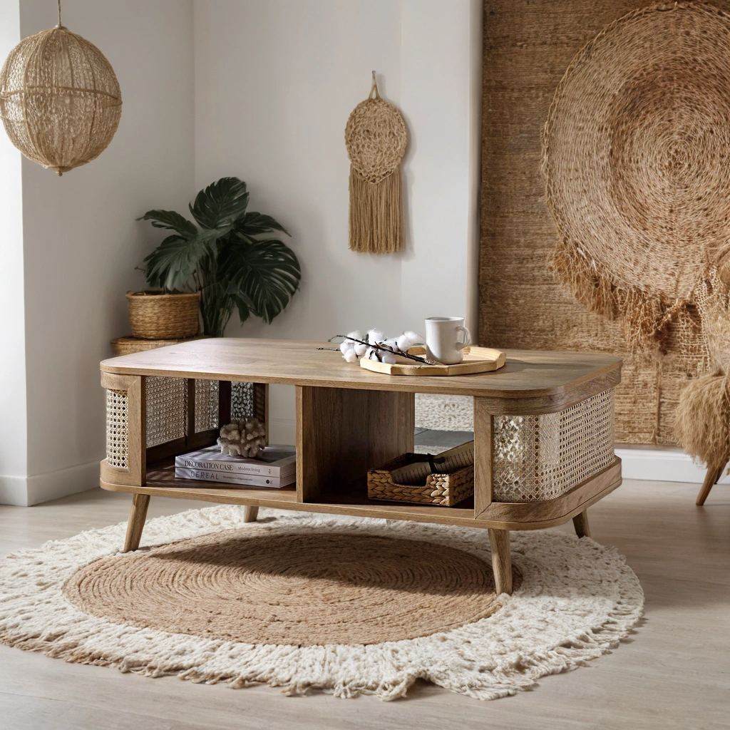 Curved Rattan & Solid Wood Coffee Table | Natural Finish | Storage Drawer | Mid-Century Modern Living Room Furniture | Living Furn India