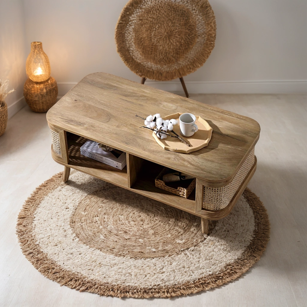 Curved Rattan & Solid Wood Coffee Table | Natural Finish | Storage Drawer | Mid-Century Modern Living Room Furniture | Living Furn India