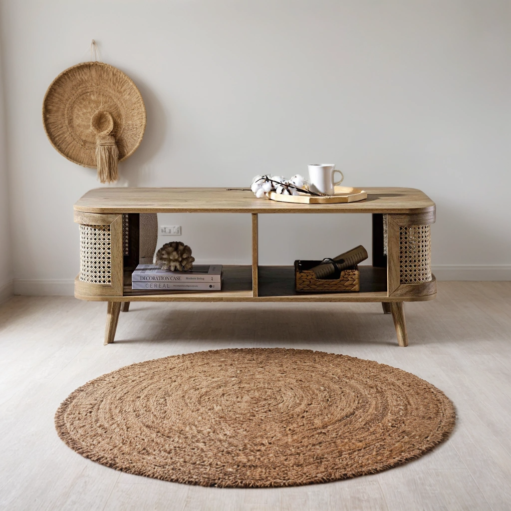 Curved Rattan & Solid Wood Coffee Table | Natural Finish | Storage Drawer | Mid-Century Modern Living Room Furniture | Living Furn India