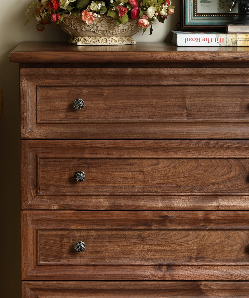 Acacia Wood 5-Drawer Dresser | Tall Chest | Solid Wood Bedroom Furniture | Dark Finish | Living Furn India