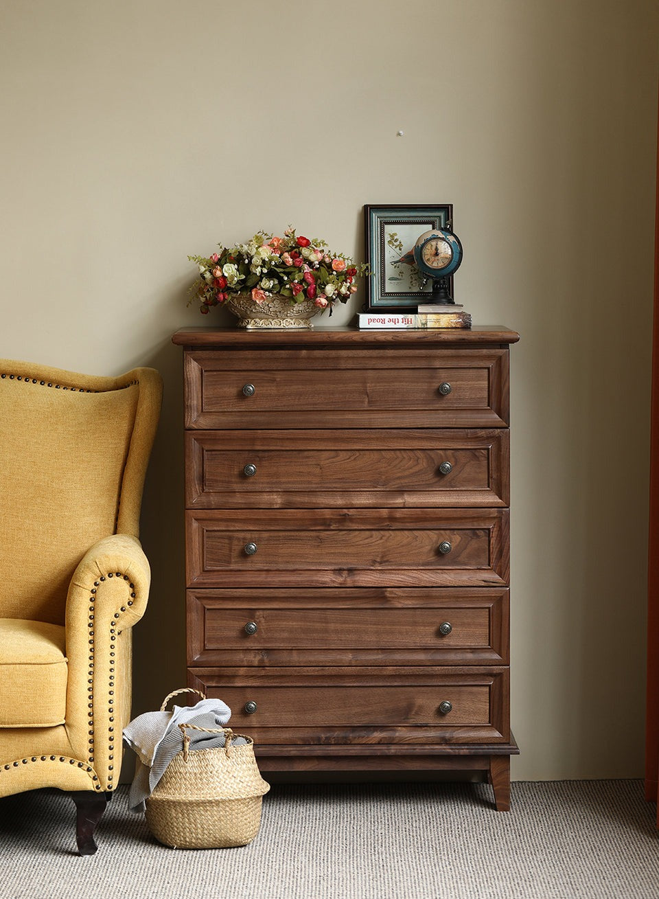 Acacia Wood 5-Drawer Dresser | Tall Chest | Solid Wood Bedroom Furniture | Dark Finish | Living Furn India