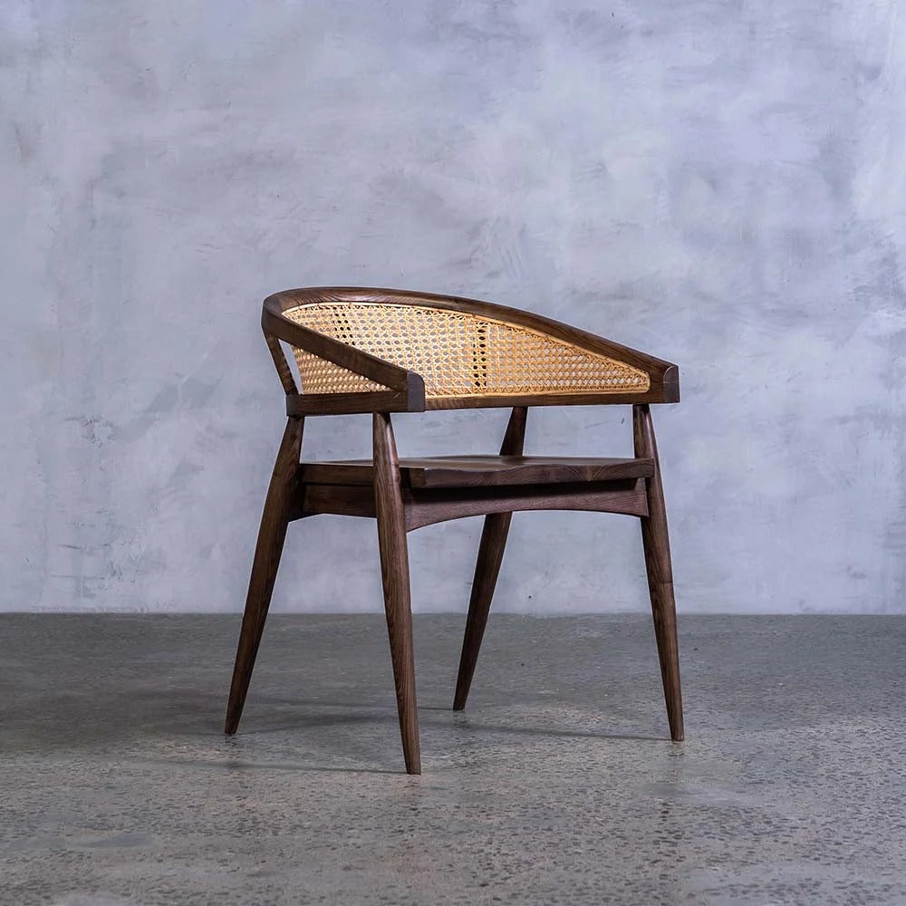 Luna Cane Armchair | Handcrafted Solid Wood Chair with Curved Cane Backrest | Natural Finish | Living Furn India