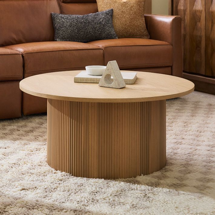 Round Ribbed Solid Wood Coffee Table | Modern Fluted Design | Natural Wood Living Room Centerpiece | Living Furn India