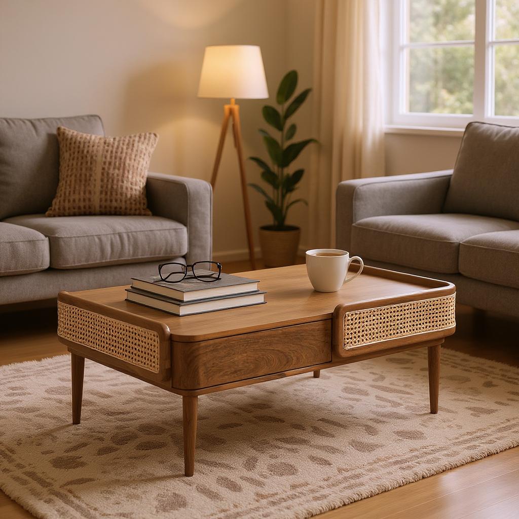 Linea Coffee Table | Handcrafted Mango Wood & Cane Living Room Table | Living Furn India