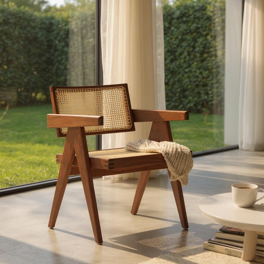 Dark Walnut Cane Rattan Dining Chair | Solid Mango Wood Handcrafted Armchair | Mid-Century Modern Seating | Living Furn India