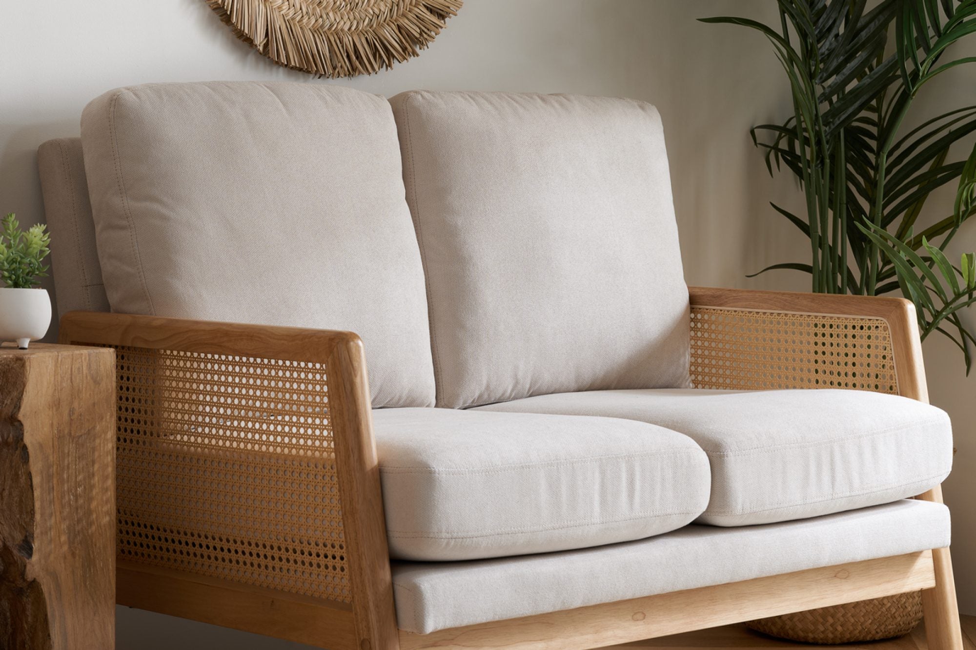 Solid Wood 2 Seater Rattan Loveseat with Cushions | Natural Finish Cane Sofa | Handcrafted Living Room Furniture | Living Furn India