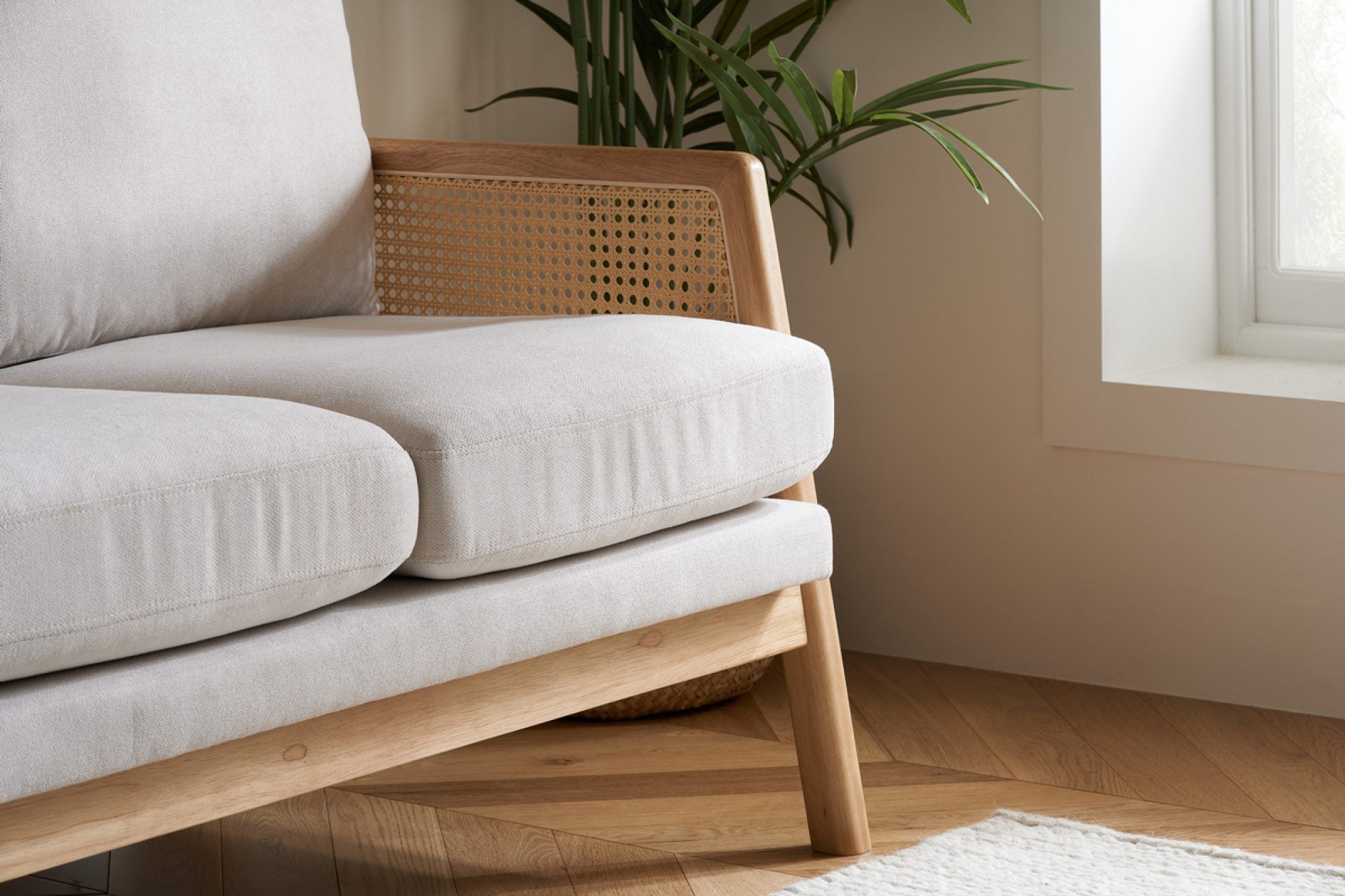Solid Wood 2 Seater Rattan Loveseat with Cushions | Natural Finish Cane Sofa | Handcrafted Living Room Furniture | Living Furn India