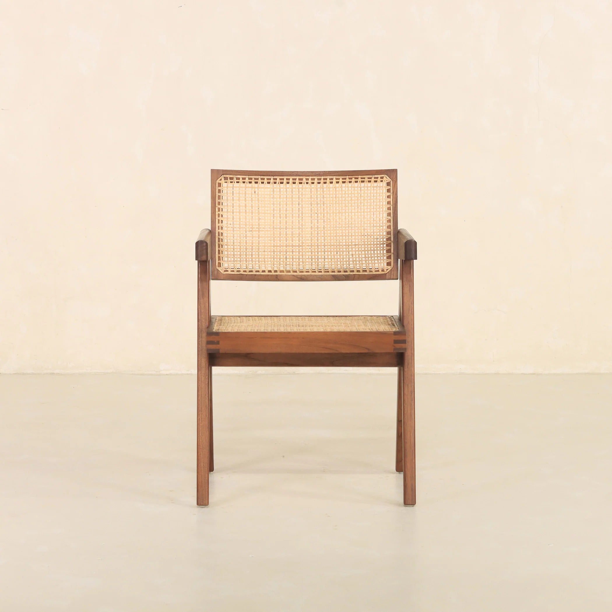 Dark Walnut Cane Rattan Dining Chair | Solid Mango Wood Handcrafted Armchair | Mid-Century Modern Seating | Living Furn India