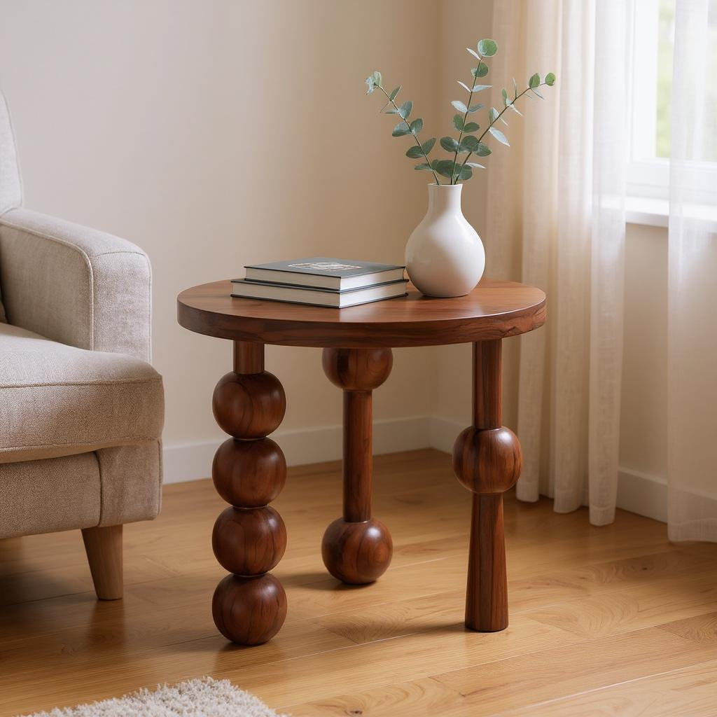 CinnaCurve Solid Mango Wood Round Side Table – Stylish Cinnamon Brown Finish by Living Furn India