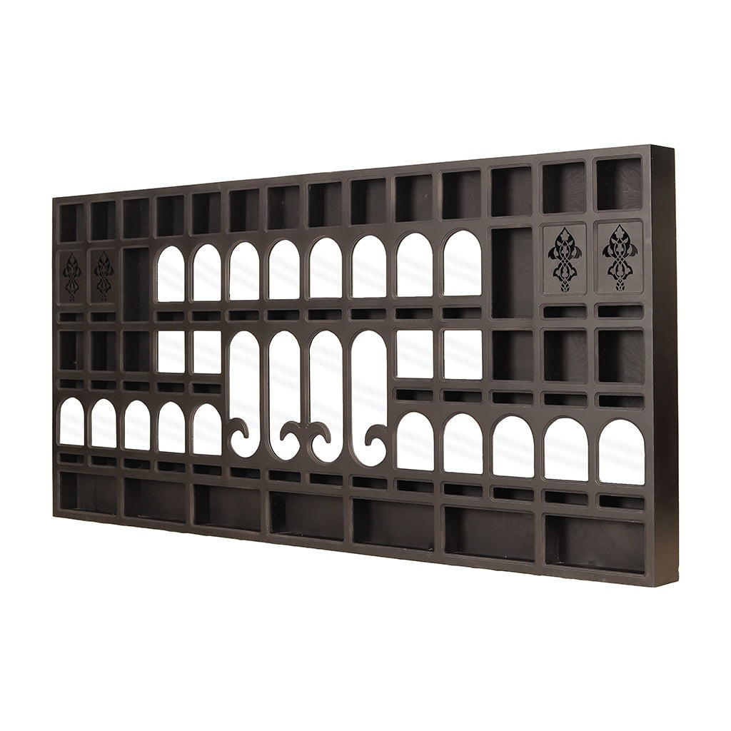 Jharokha Intricate Mango Wood & Mirror Wall Mural Display – Black Stain by Living Furn India