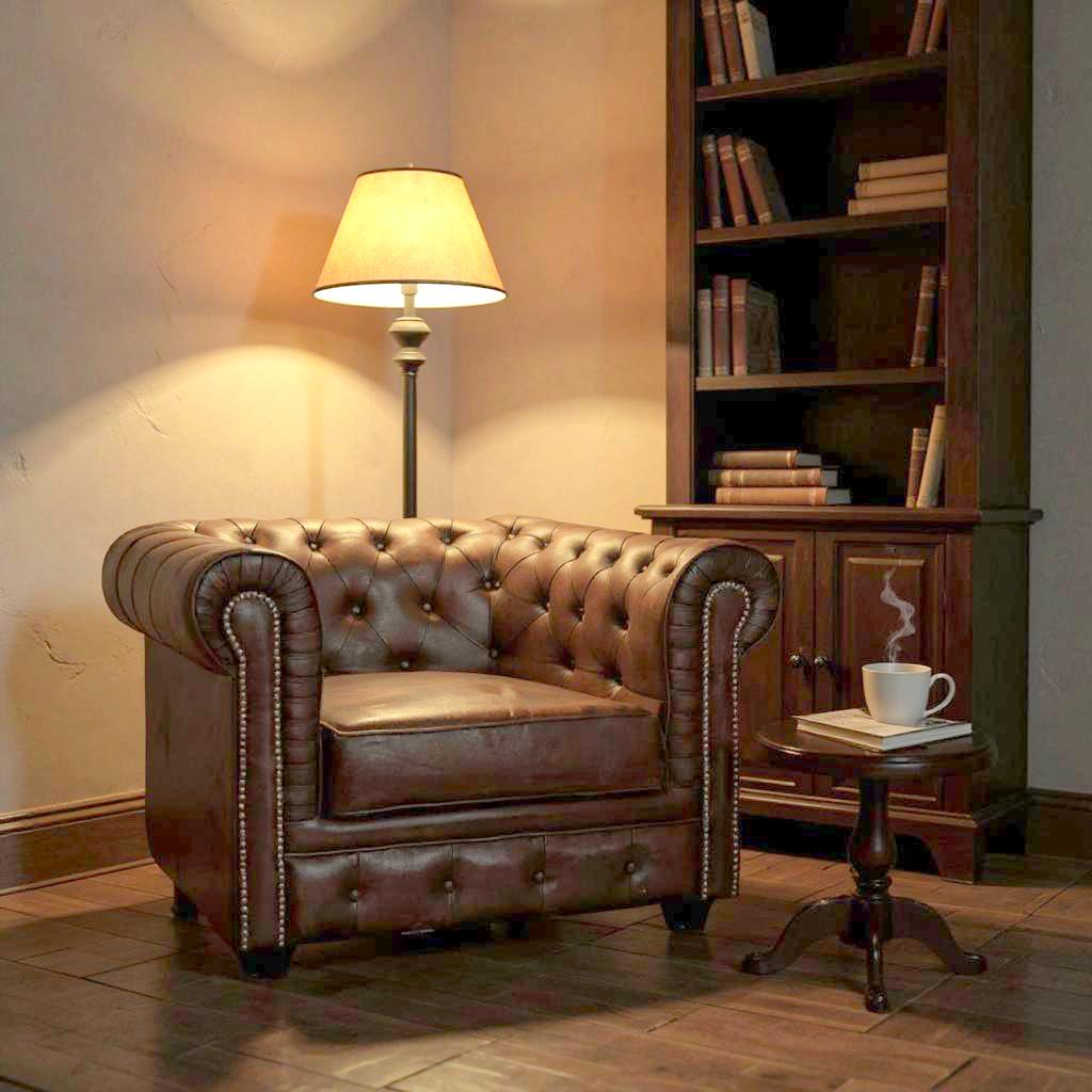 Chesterfield Leather Armchair | Single Seater Tufted Club Chair | Handcrafted Luxury Living Room Furniture | Living Furn India