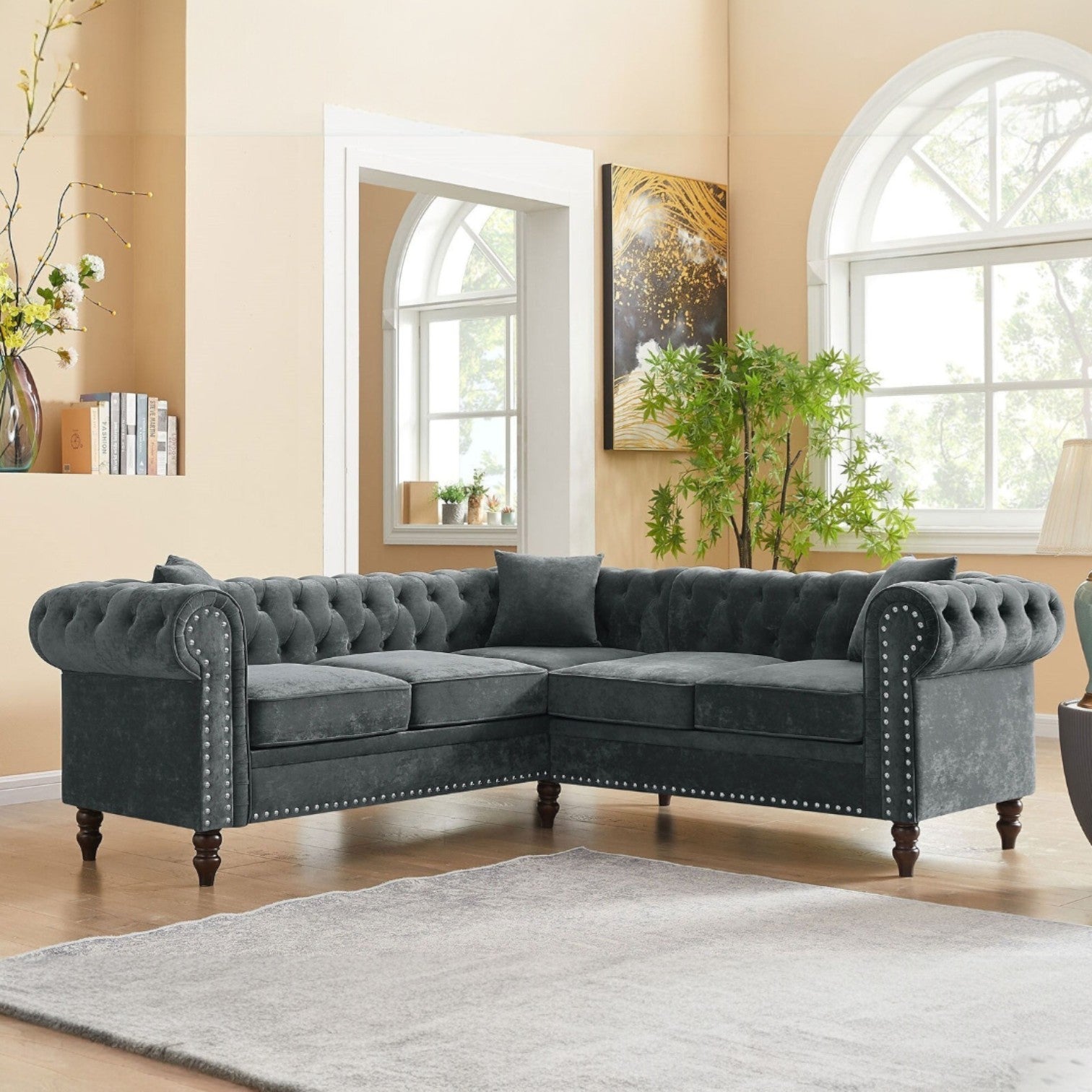 Chesterfield L-Shape Sectional Sofa | Handcrafted Living Room Seating | Living Furn India