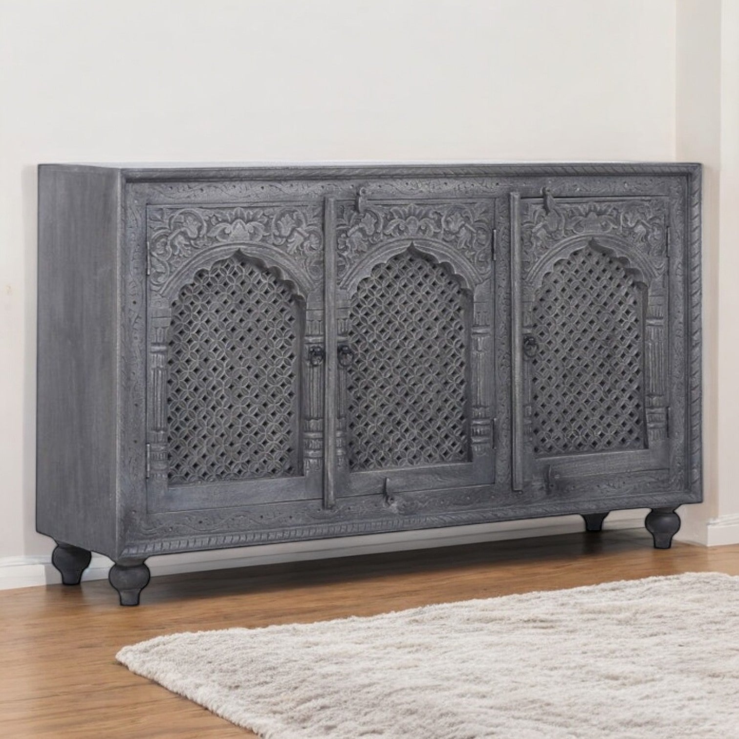 Carved Three Cabinet Door Grey Cabinet