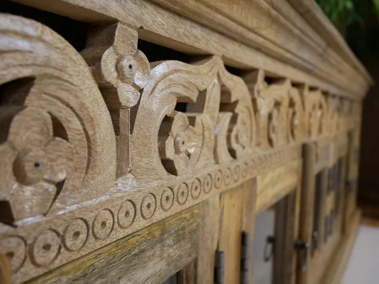 hand carved tv unit, solid mango wood tv stand, glossy timber tv unit, natural wood media console, openwork carved tv stand, 6 door tv unit, glass door tv stand, living room tv unit, entertainment center, tv cabinet, carved wood furniture, traditional tv stand, indian carved tv unit, statement media console, large tv stand, storage tv unit, handmade tv console, artisan made tv unit, premium wood furniture, quality wood tv stand, durable tv unit, sturdy media console, timeless tv stand, elegant tv unit, gran