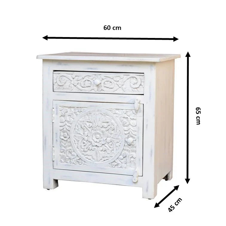 hand carved bedside table, mango wood bedside table, whitewashed bedside table, nightstand, 1 drawer bedside table, 1 door bedside table, lotus carved bedside table, medallion bedside table, indian carved furniture, bedroom bedside table, bedroom nightstand, bedside storage, handmade bedside table, artisan made nightstand, premium wood bedside table, quality wood furniture, durable nightstand, sturdy bedside table, timeless nightstand, elegant bedside table, heirloom nightstand, coastal bedside table, shabb