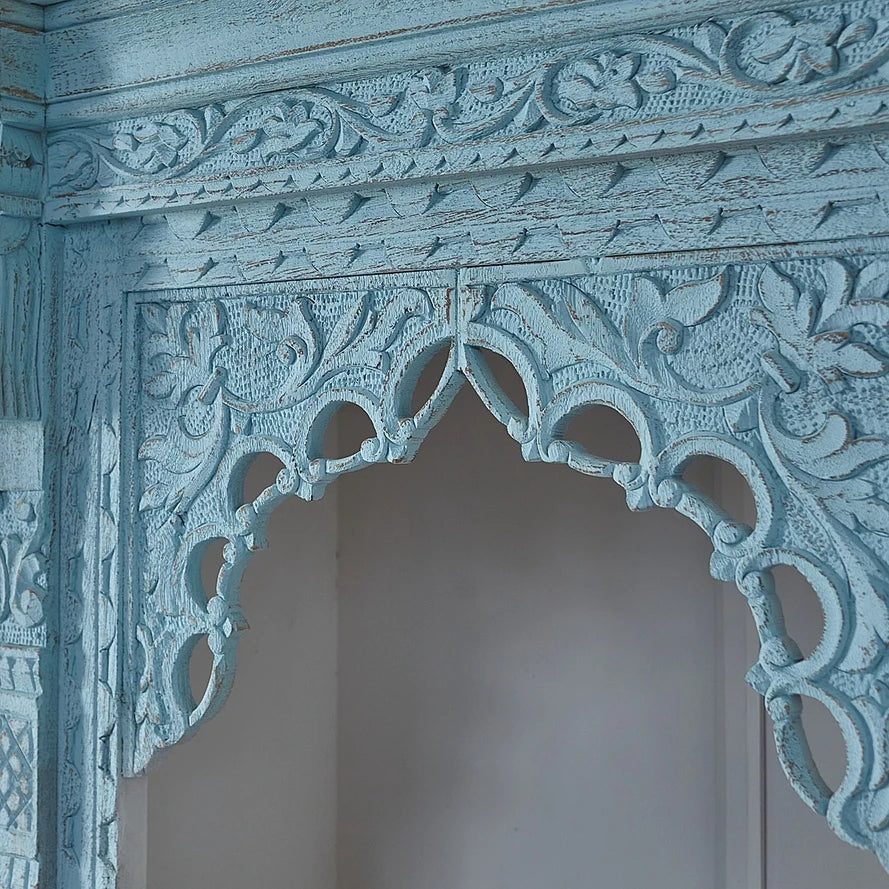 Hand‑Carved Mango Wood Jharokha Bookcase — Blue Distressed Open Shelving, 187 × 80 × 48 cm