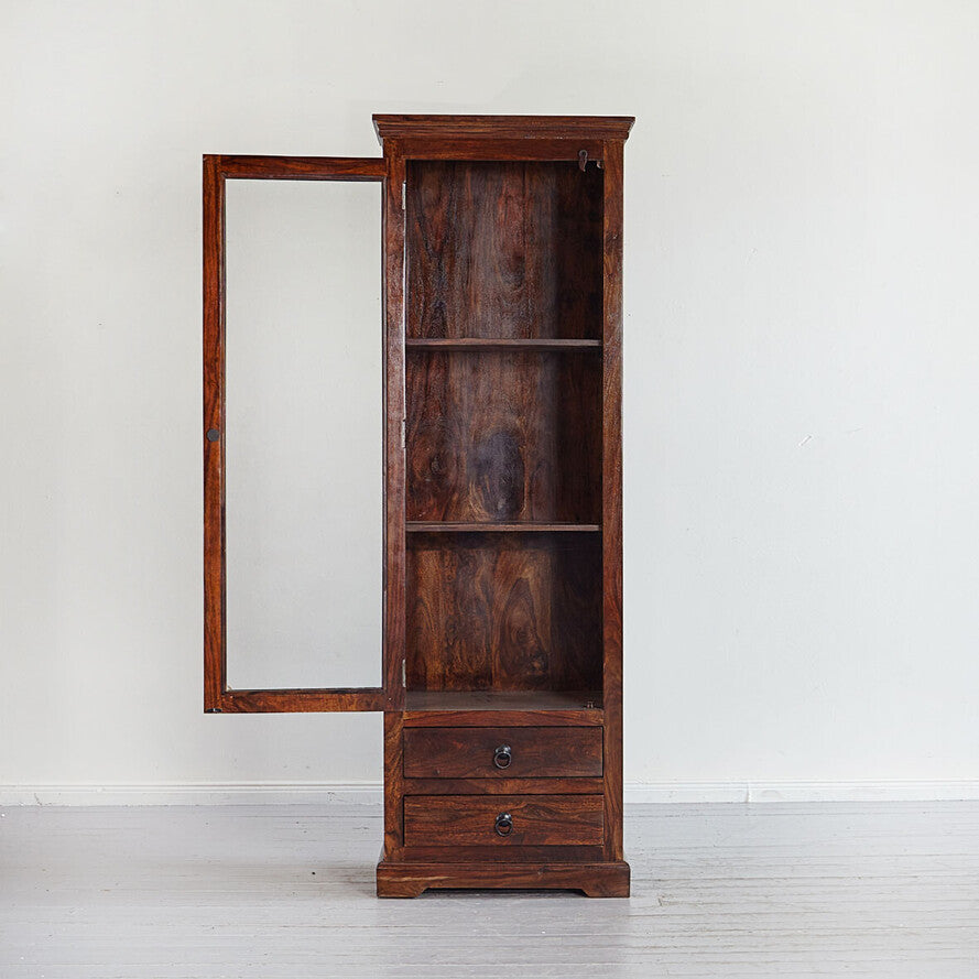 Wooden bookshelf with a mirror on a white background
