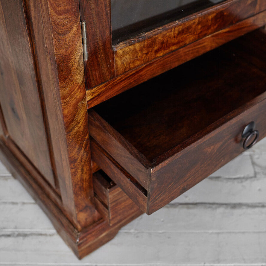 Solid Sheesham Wood Display Cabinet — Tall Glass‑Front Vitrine with 2 Drawers, Rich Brown, 195 × 65 × 44 cm