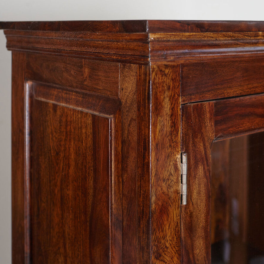 Solid Sheesham Wood Display Cabinet — Tall Glass‑Front Vitrine with 2 Drawers, Rich Brown, 195 × 65 × 44 cm