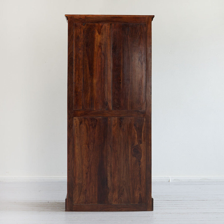 Wooden cabinet with a dark brown finish on a white background