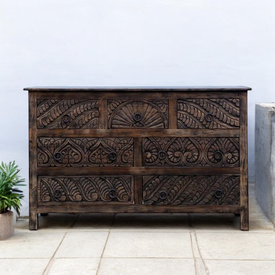 A beautifully crafted sideboard with drawers featuring rustic finishes and ample storage space for dining room essentials.