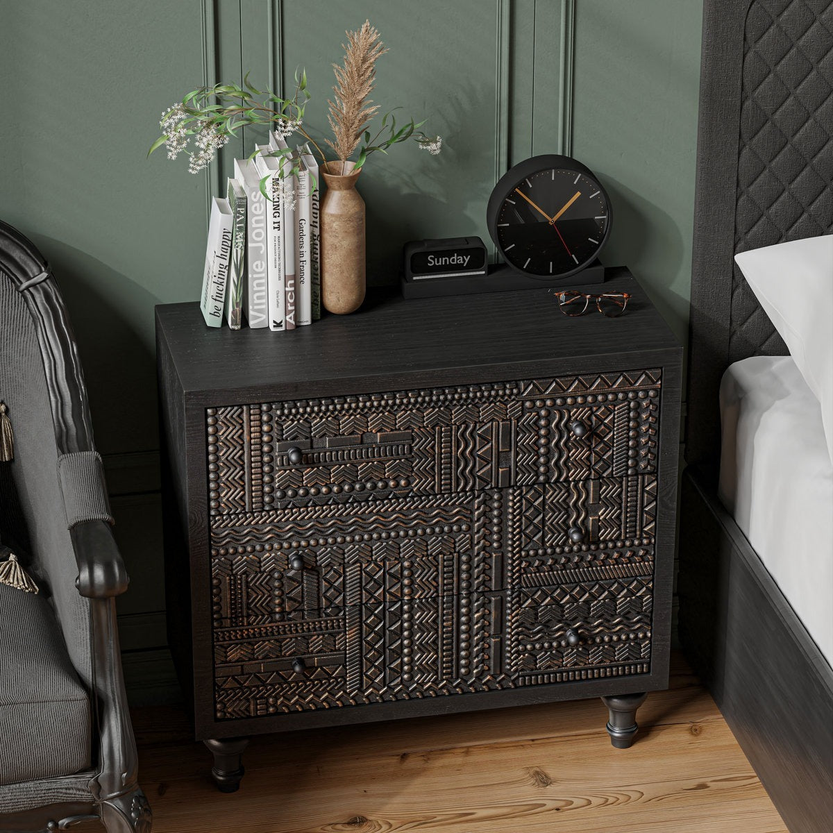 DecoRelic Antique Black Mango Wood Bedside Dresser – Vintage 3-Drawer, Handcrafted by Living Furn India