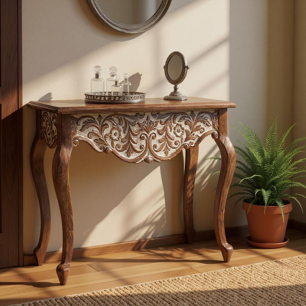 Walnut And White Rustic Hand Carving Console Table
