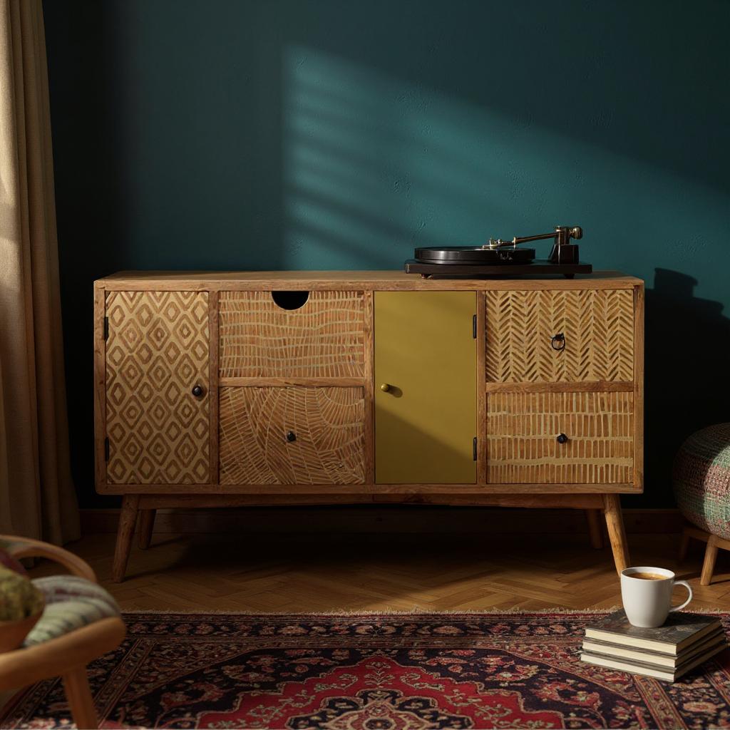 Natural Solid Wood Sideboard White Hand Carved