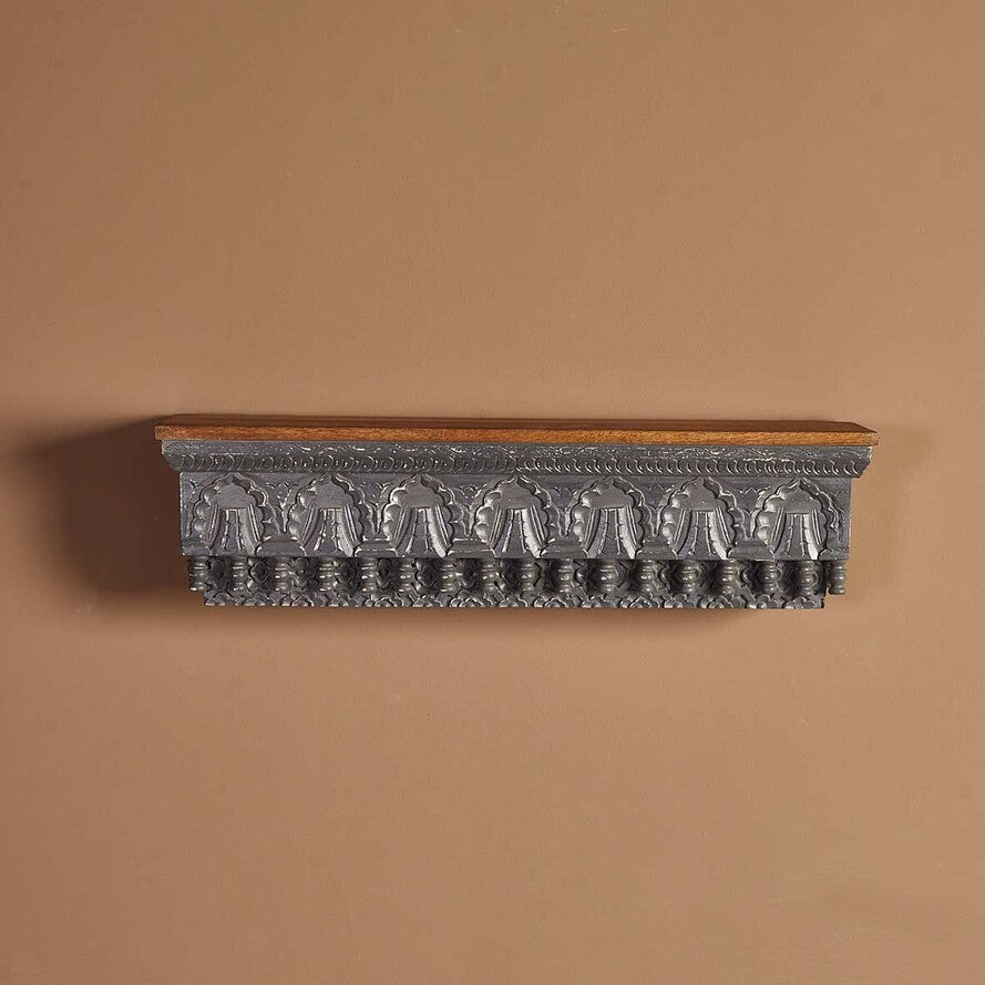 Hand‑Carved Mango Wood Floating Shelf — Jharokha Arch Design, Distressed Finish, 85 × 23 × 20 cm (6 kg)
